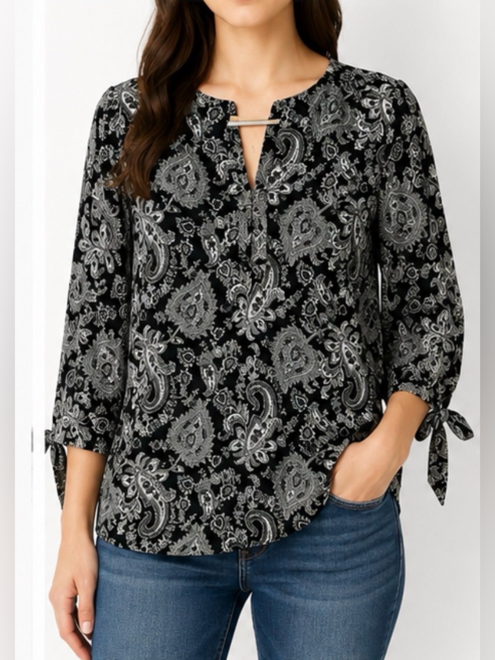 Michael Kors Black Paisley Tie-Sleeve Women's Top NWT Size M.